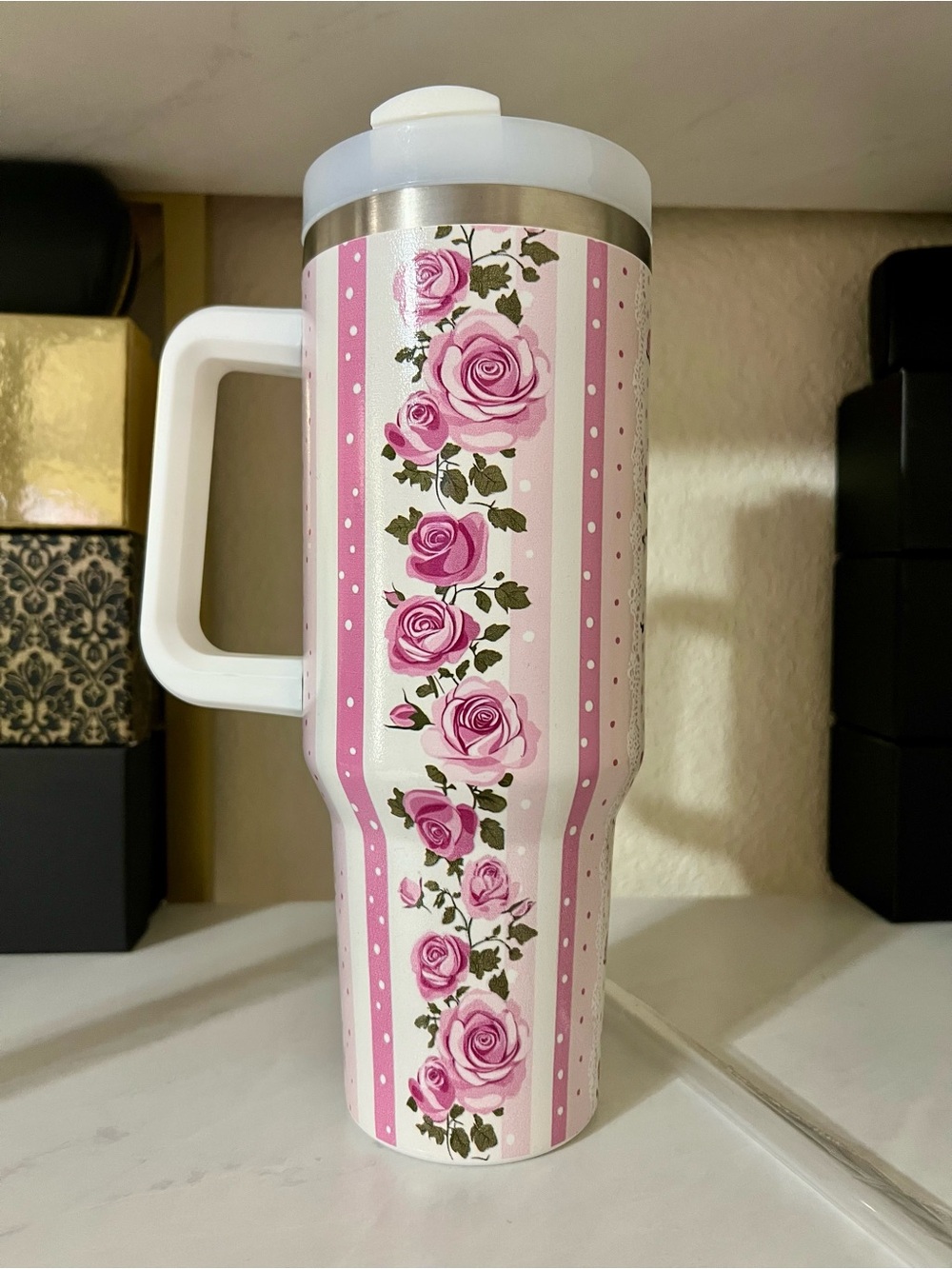NWT 40oz Pink Floral Stripe Tumbler